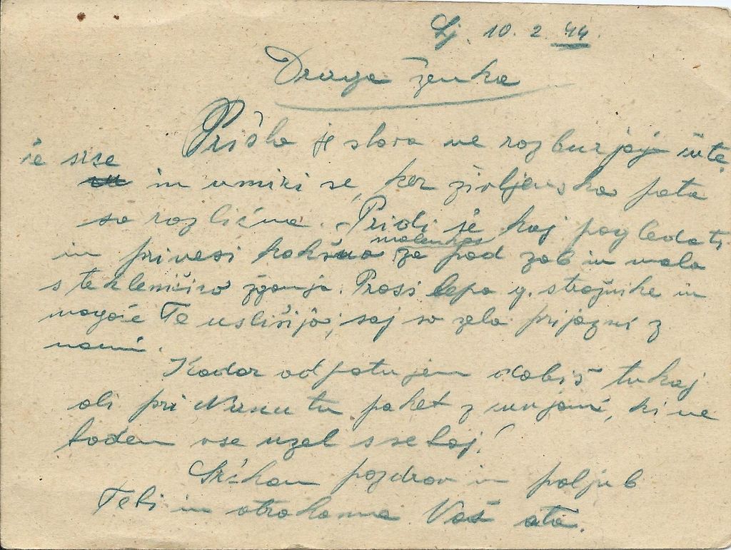 Dopisnica iz policijskih zaporov na Povšetovi v Ljubljani 10. 2. 1944, pred transportom v Dachau.