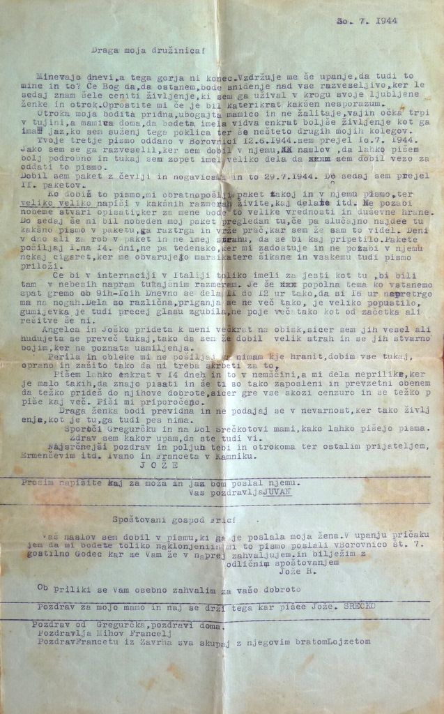 Prepis atovega pisma iz Dachaua 30. 7. 1944.